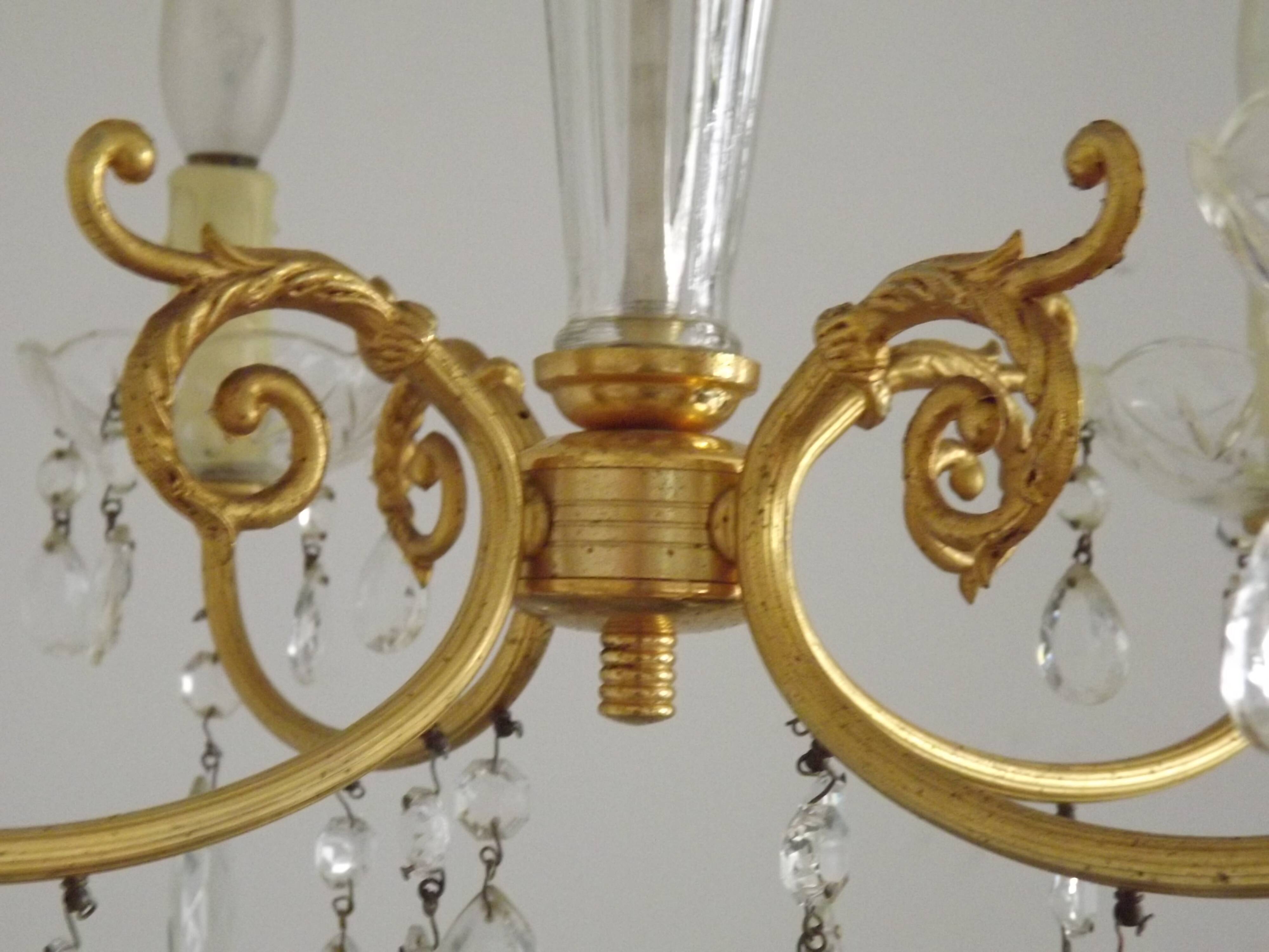 Mid-century brass, glass, and crystal chandelier with 4 lights 5099
