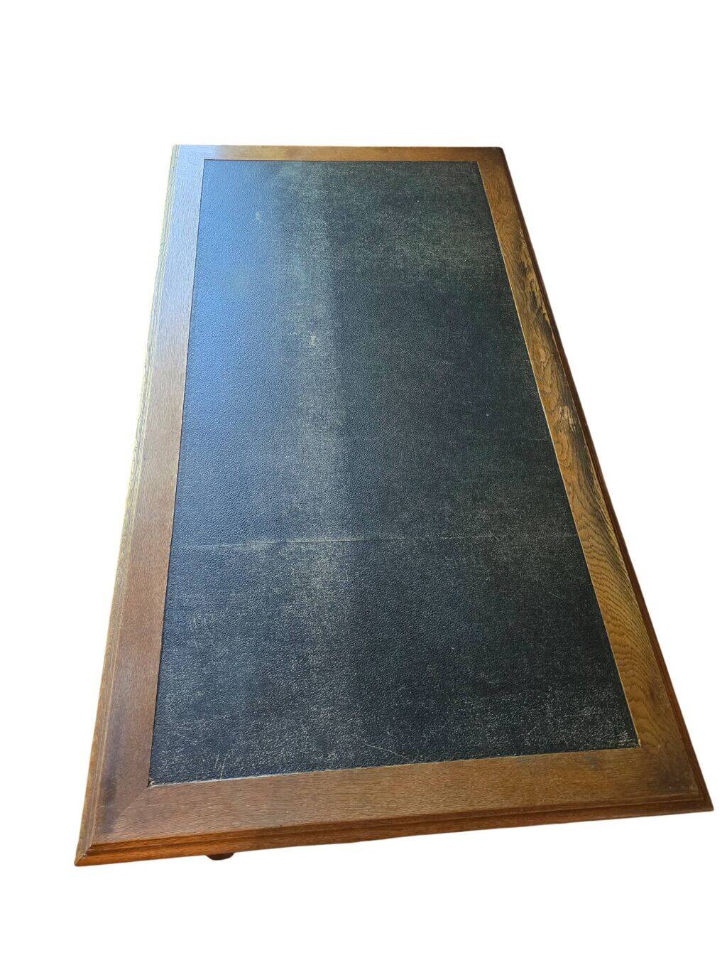 Antique flat desk in oak and black leather, Louis-Philippe style.