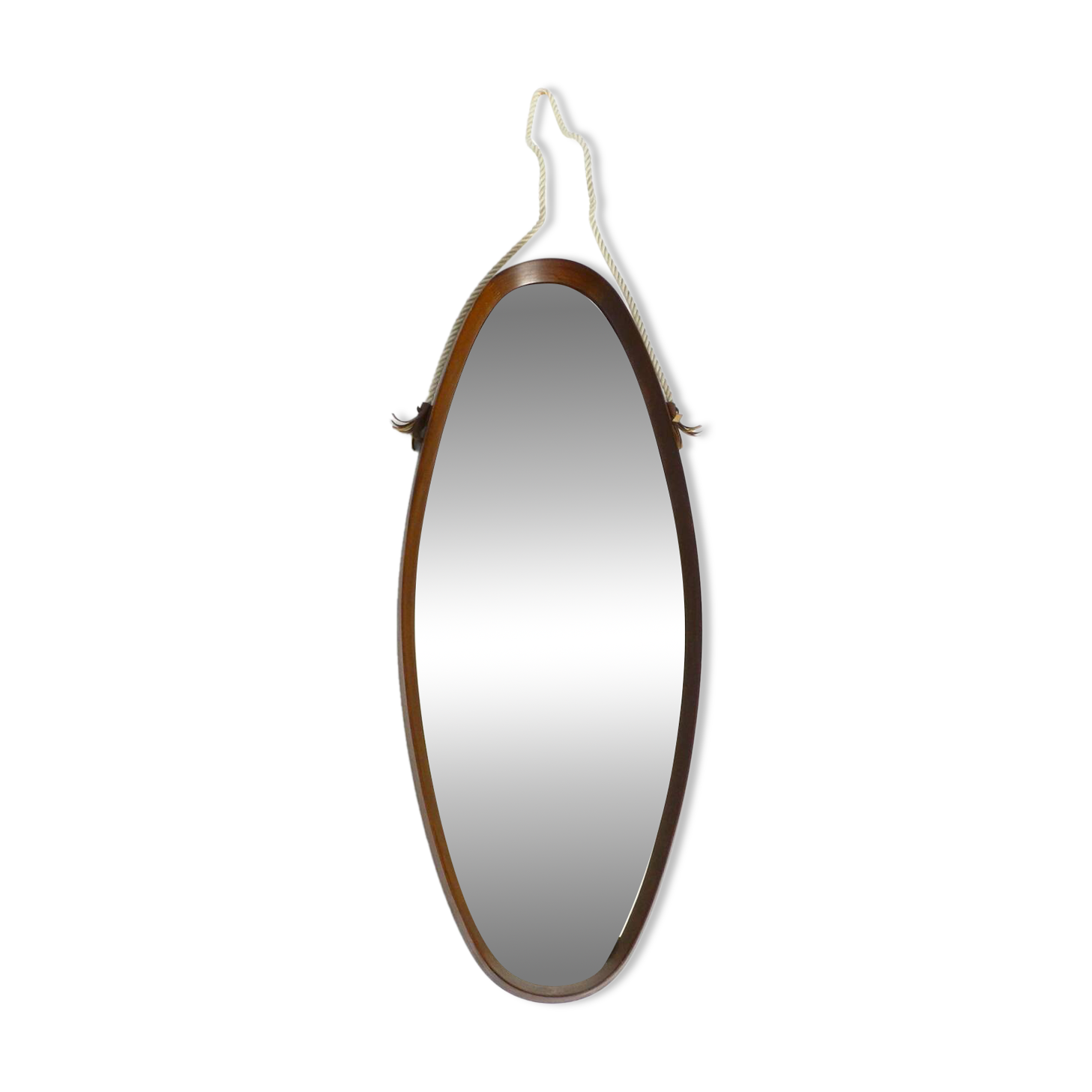 1960s oval large teak wall mirror with thick nylon rope | Made in Italy