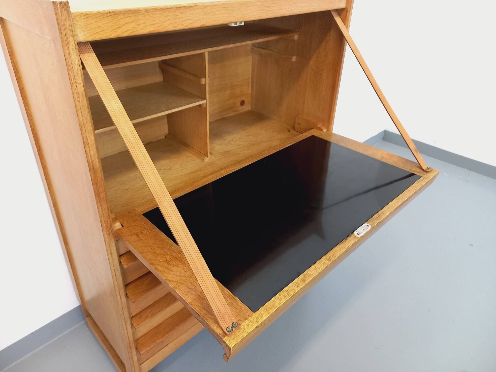 Vintage Guillerme and Chambron secretary desk in solid oak from the 50s and 60s