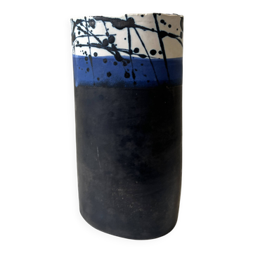 Japandi vase in abstract blue and black white clay.