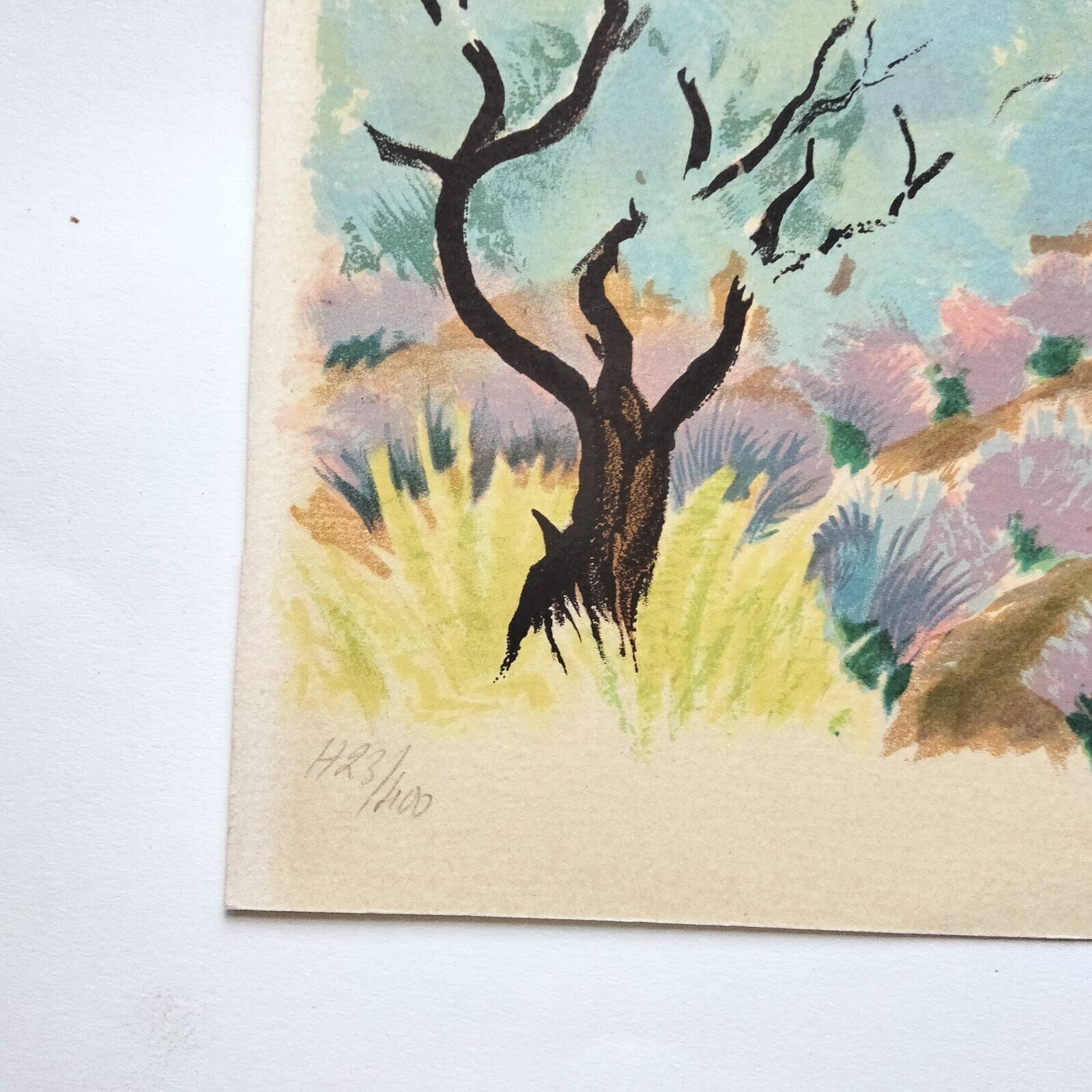 Provençal landscape lithograph signed by Jean Gabriel Séruzier.