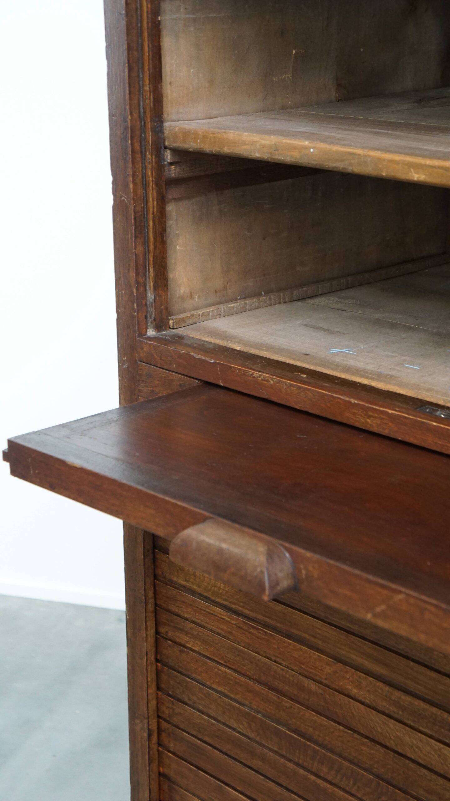 Antique oak notary cabinet with two roller doors and a working lock