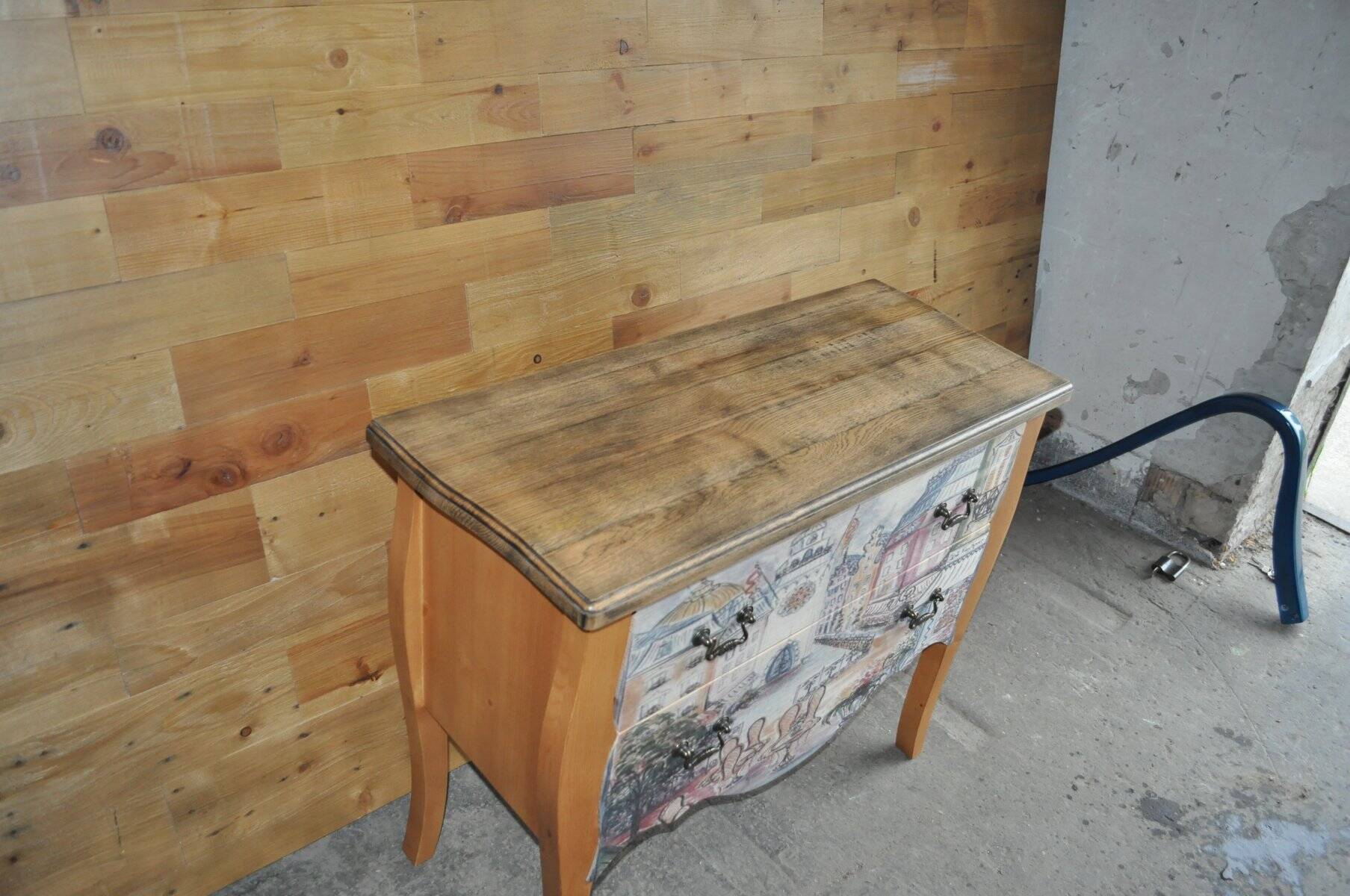 Baroque commode in multicoloured painted wood and black patinated oak with a photo of 'Paris'