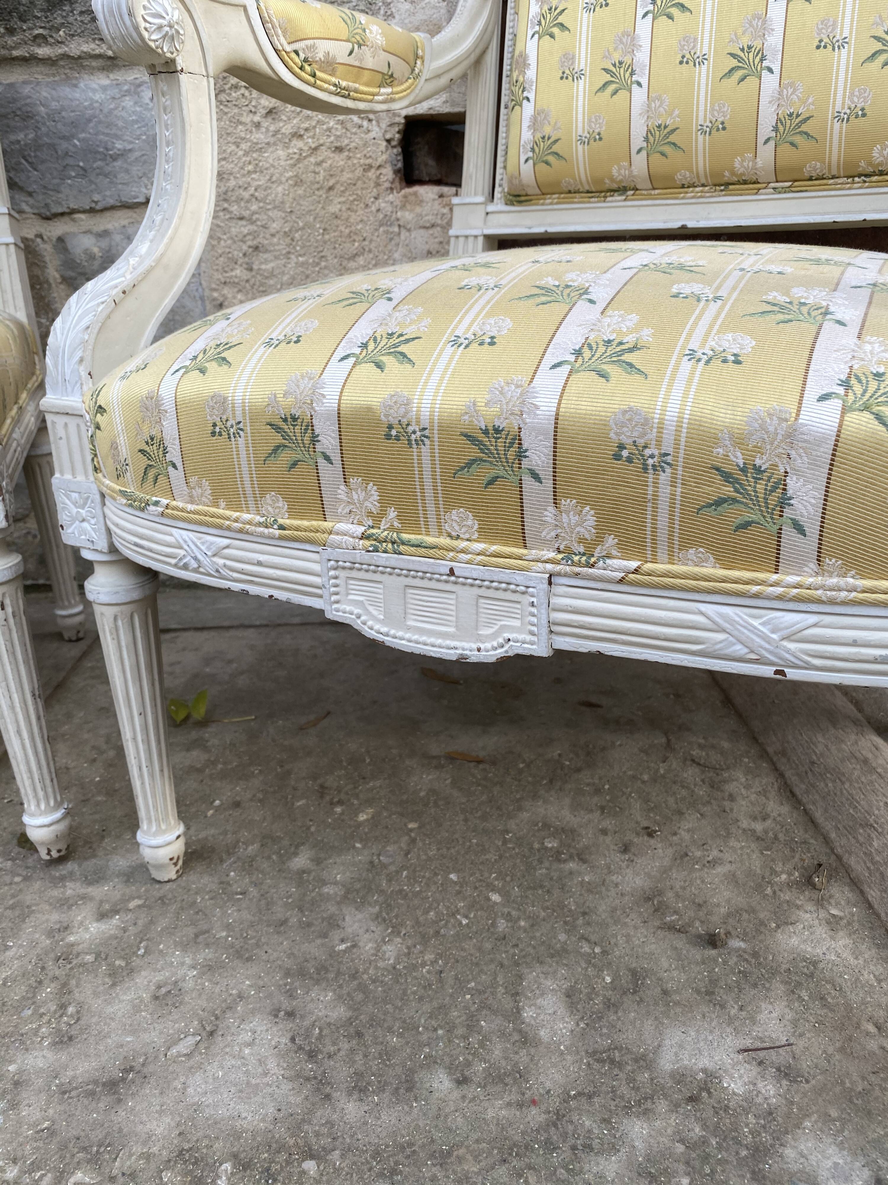 Pair of chairs shepherdesses Louis XVI patinated wood