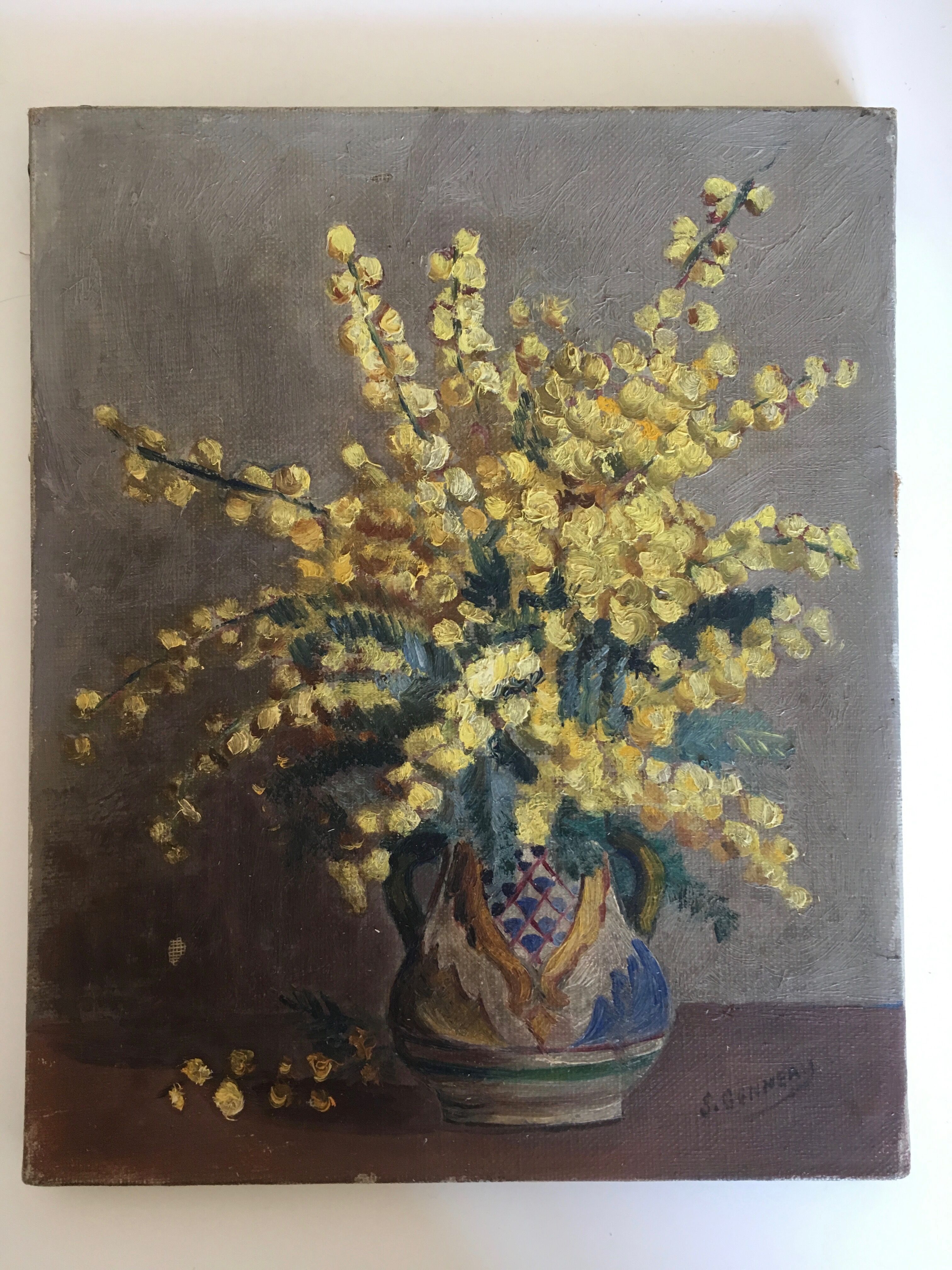 Flowers oil on canvas 50s bouquet of mimosas