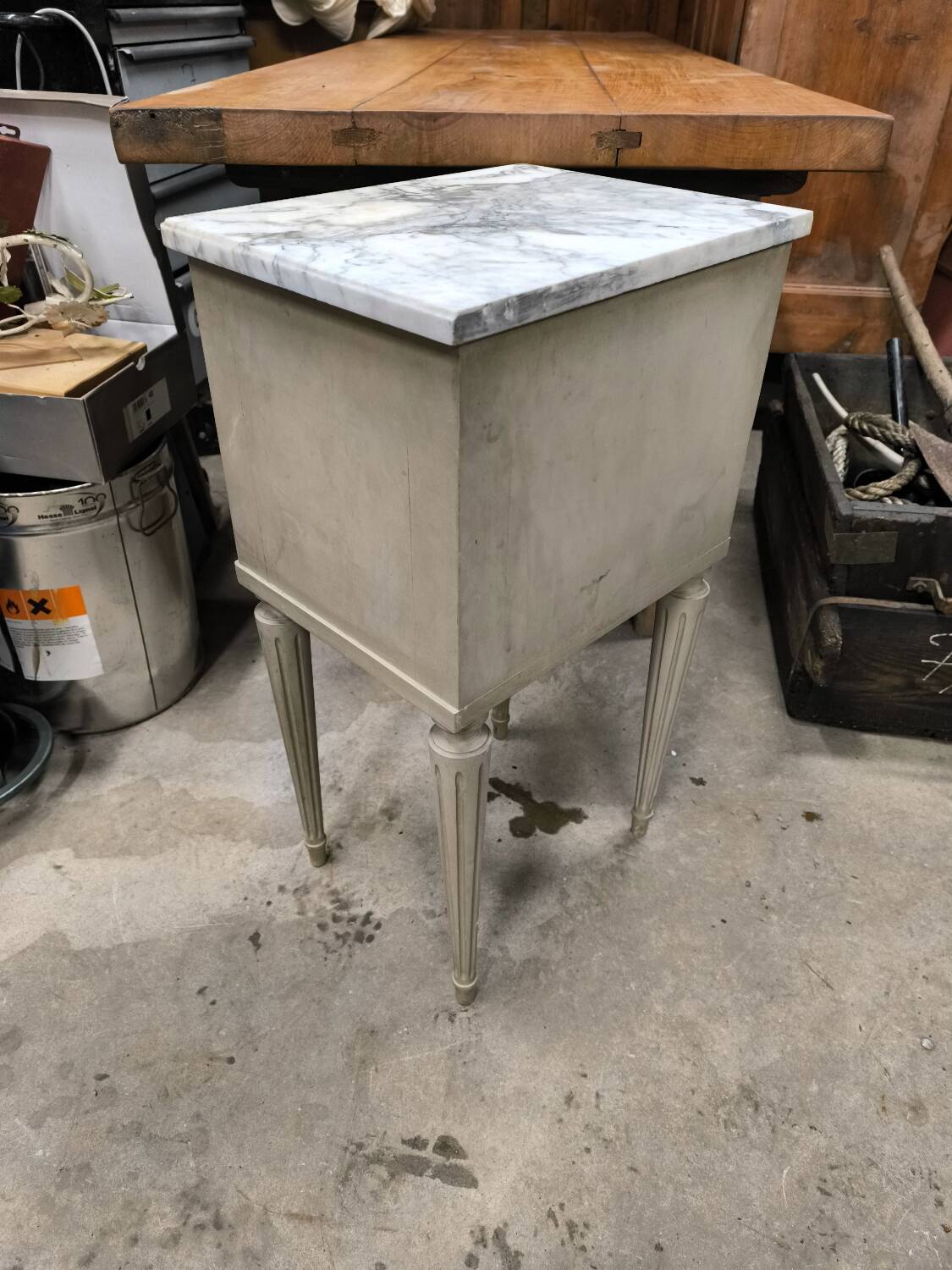 Vintage green patinated bedside table with marble and drawer