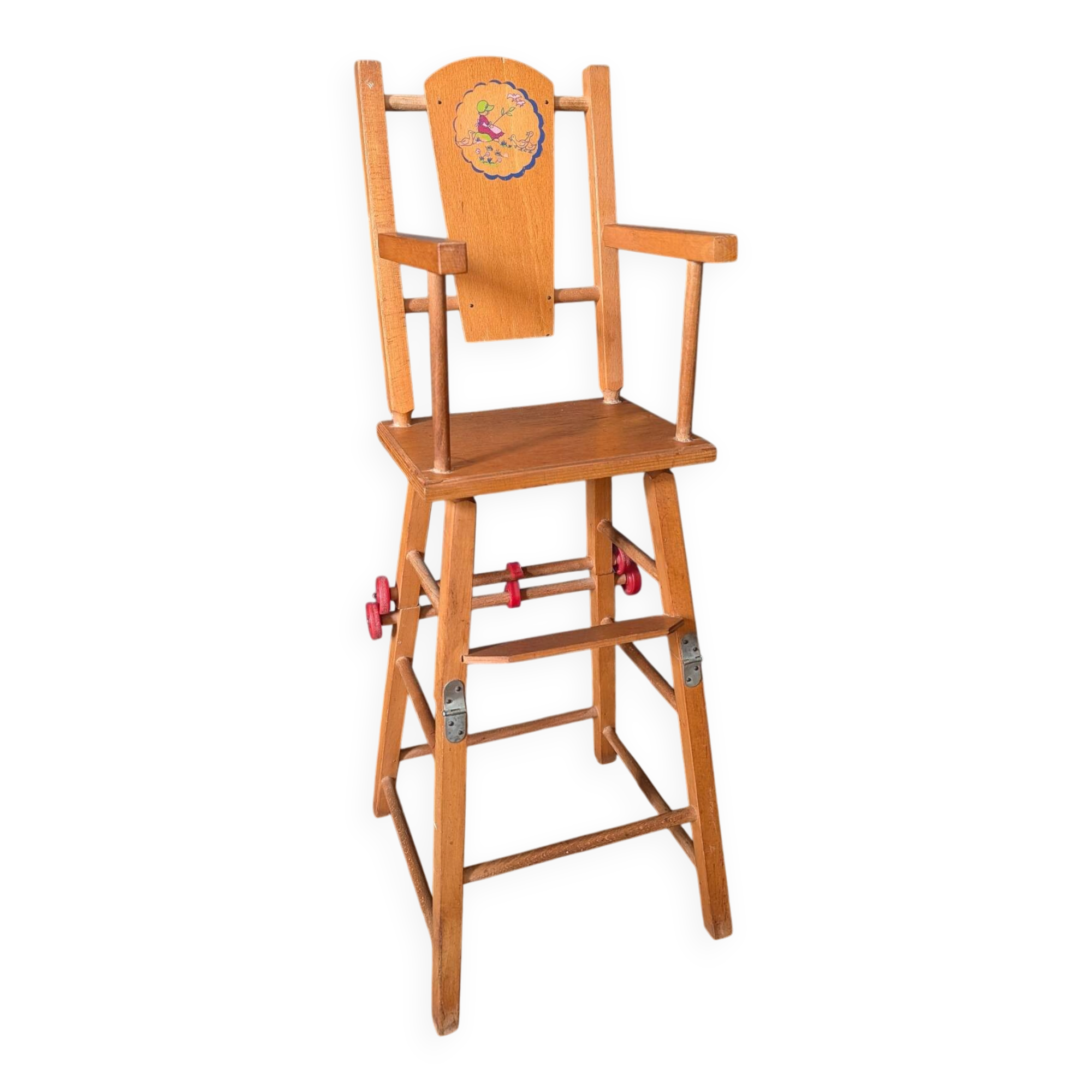 Doll high chair in wood – 1970s, foldable and on wheels