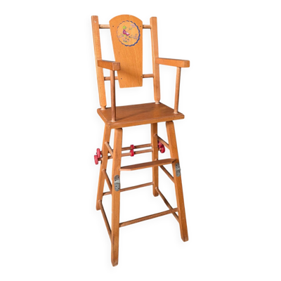 Chaise haute de poupée en bois – années 1970, pliante et à roulettes