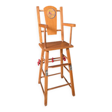 Doll high chair in wood – 1970s, foldable and on wheels