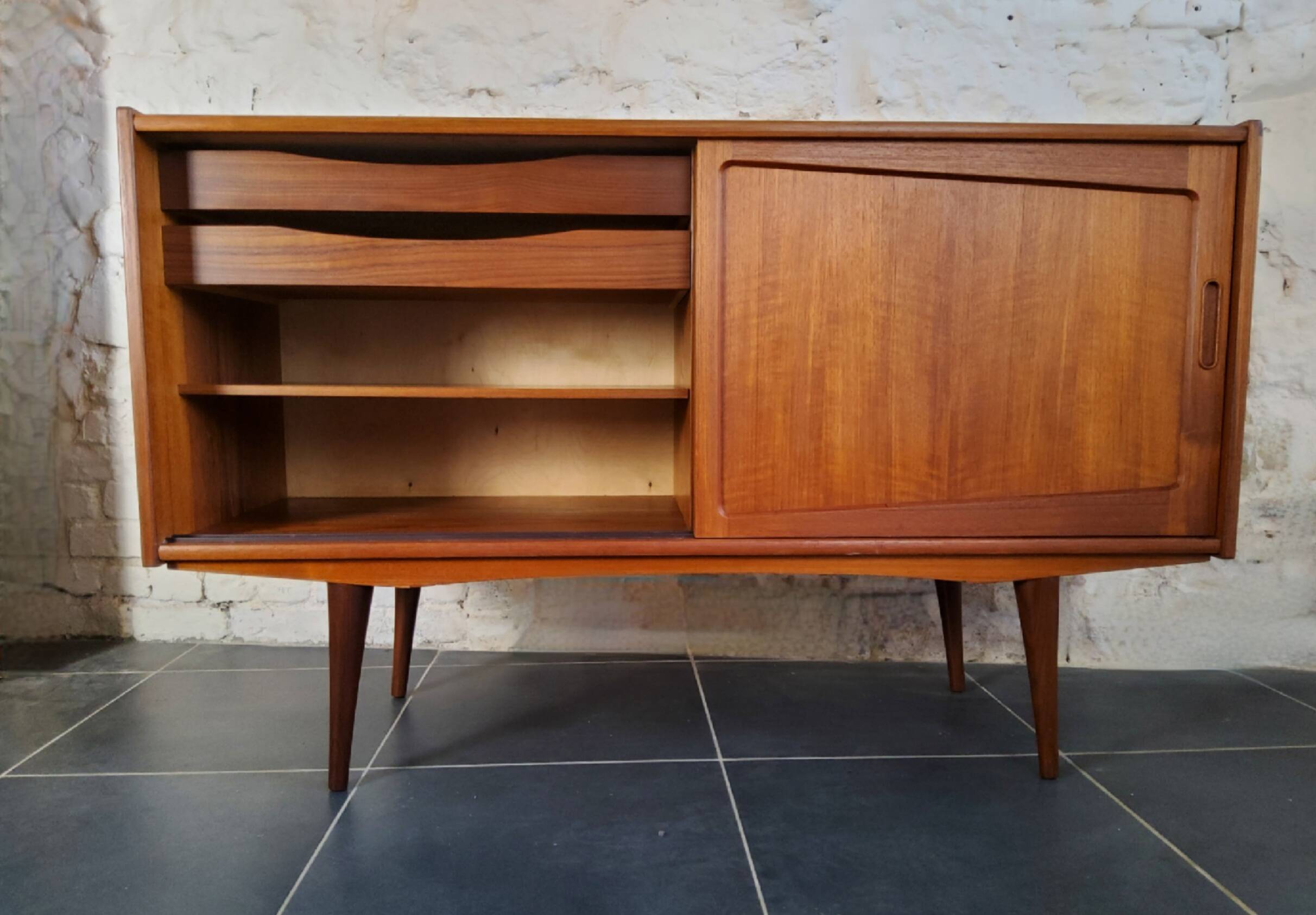 Scandinavian sideboard with sliding doors and drawers - teak