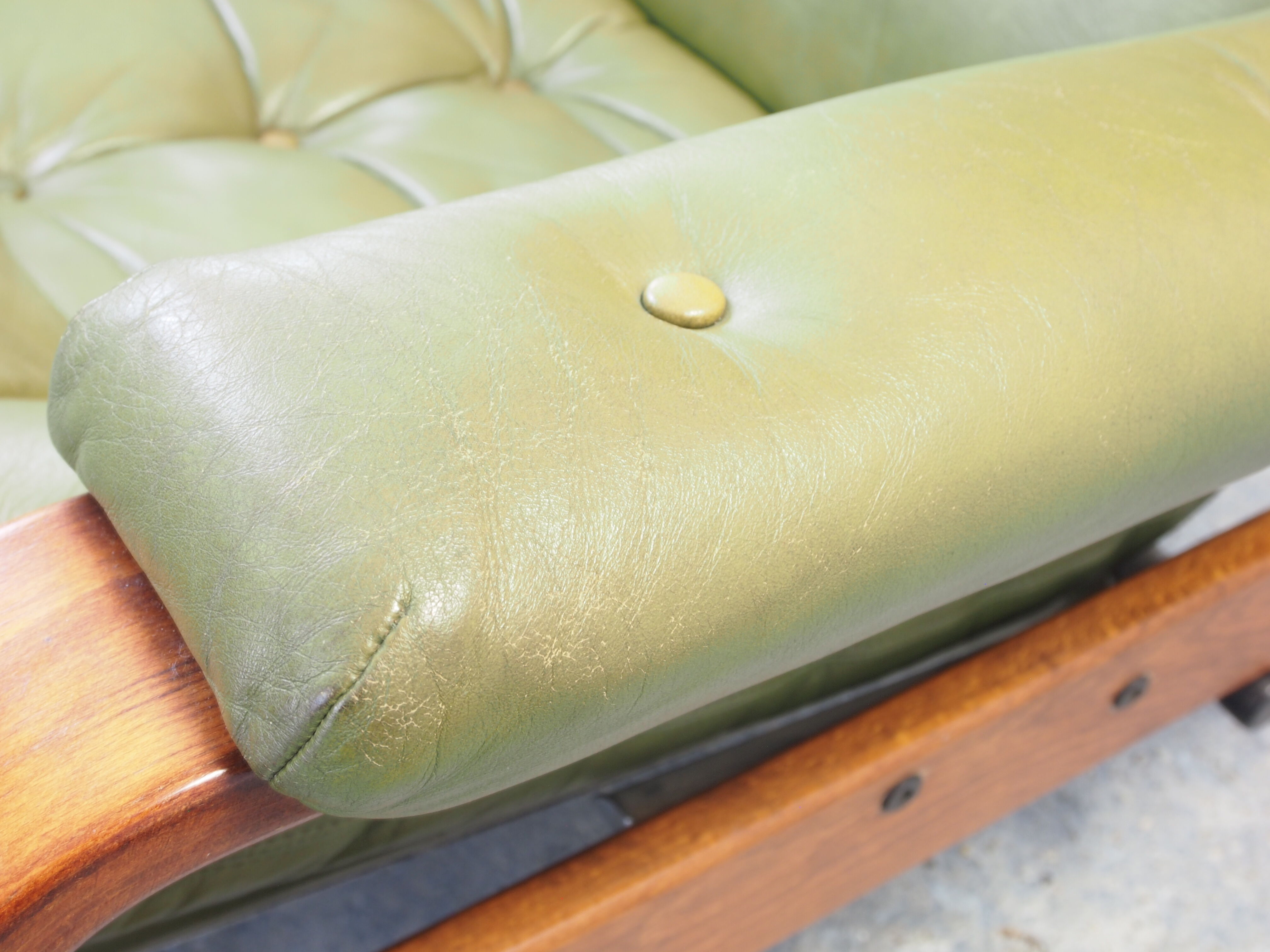 Vintage Scandinavian seventies G-møbel green leather lounge chair with ottoman