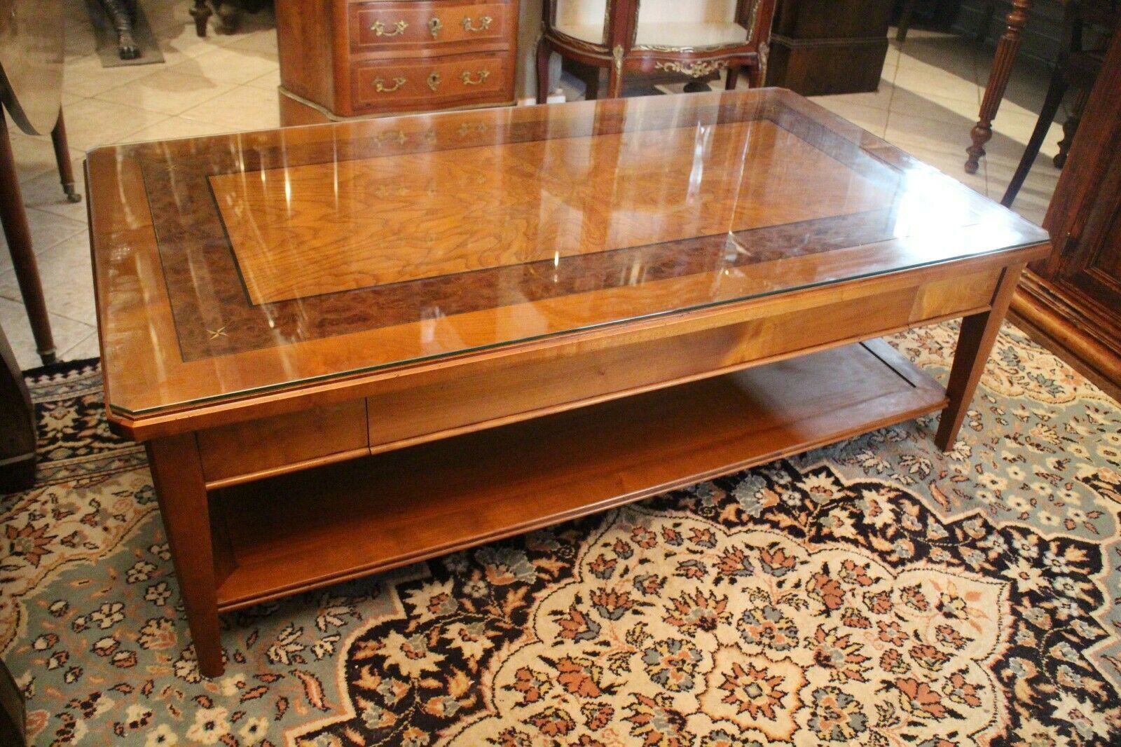 Large coffee table 2 drawers in solid walnut with decoration marked Directory style