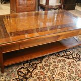 Large coffee table 2 drawers in solid walnut with decoration marked Directory style
