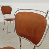 Set of 4 French chairs in camel brown imitation leather and chrome 1960