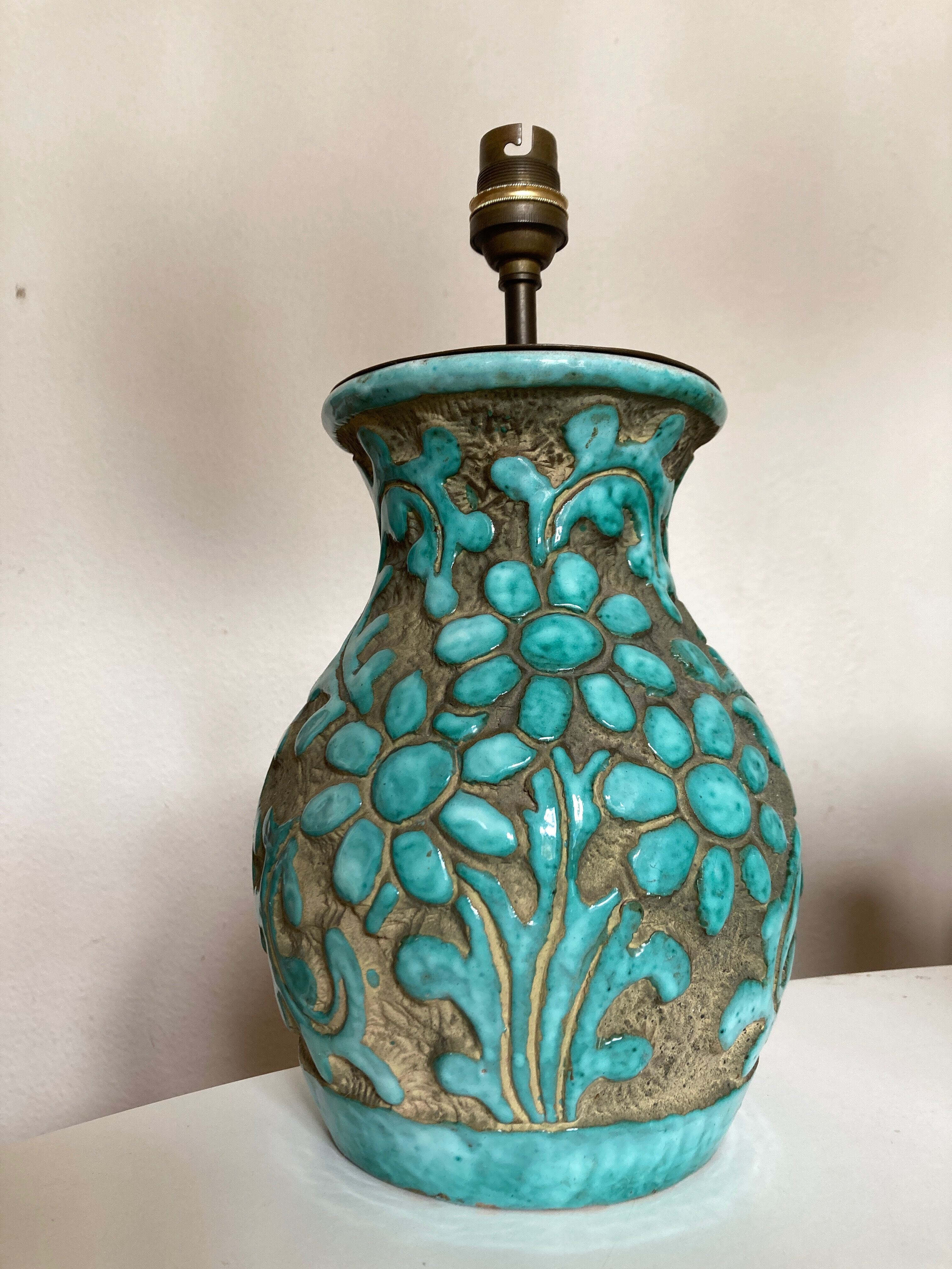 Italian glazed ceramic lamp 1960 mid century Bitossi turquoise