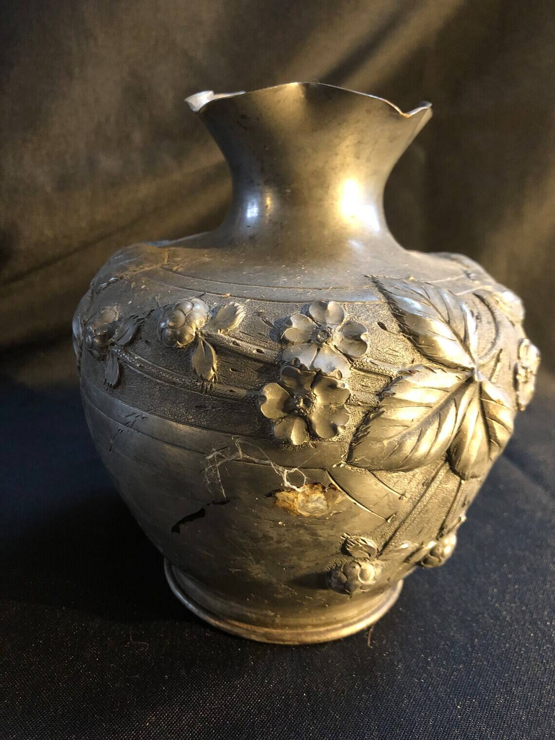 Embossed pewter vase with floral motifs 1930