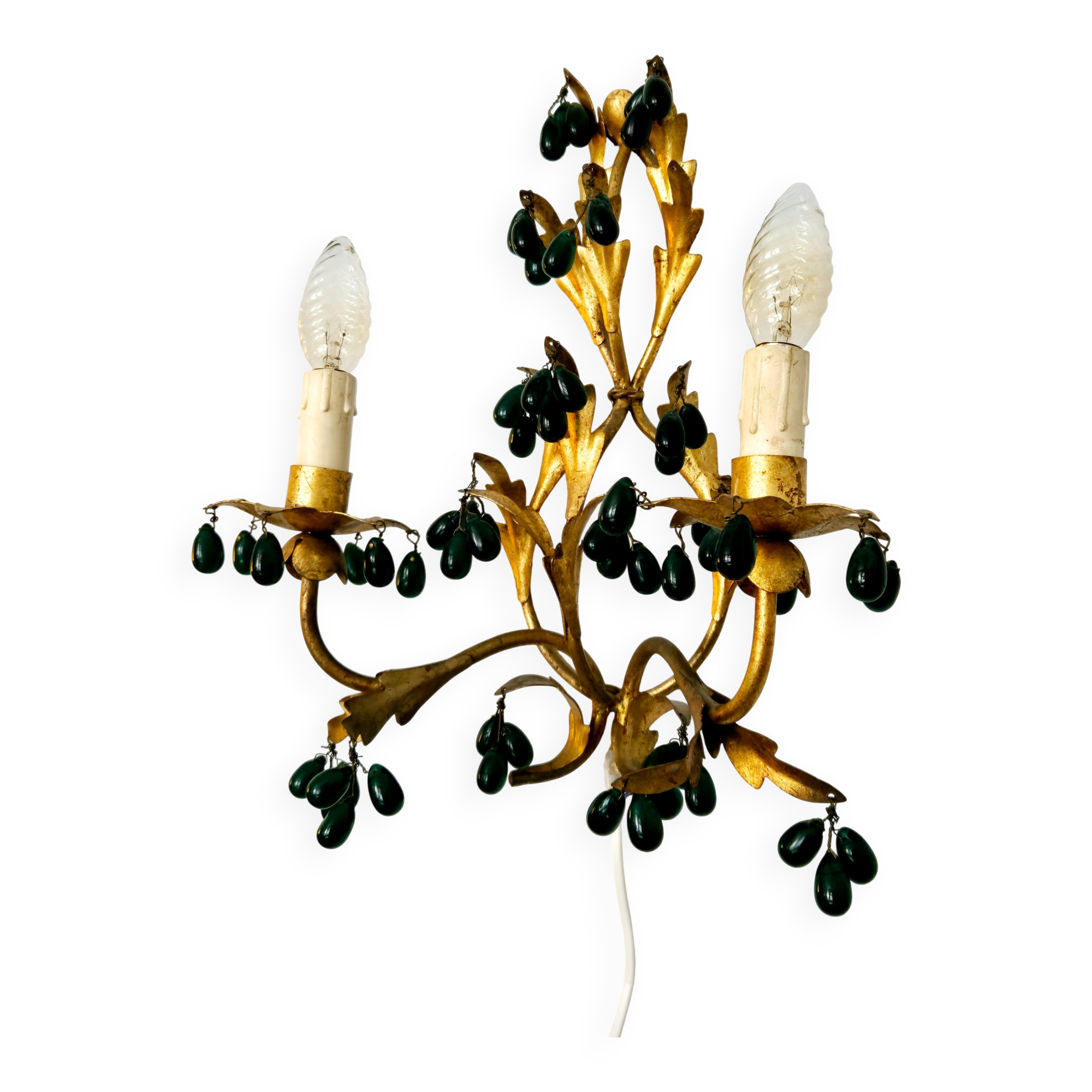 Lights, gold metal with green glass drops, Italy mid-1900s Regency.