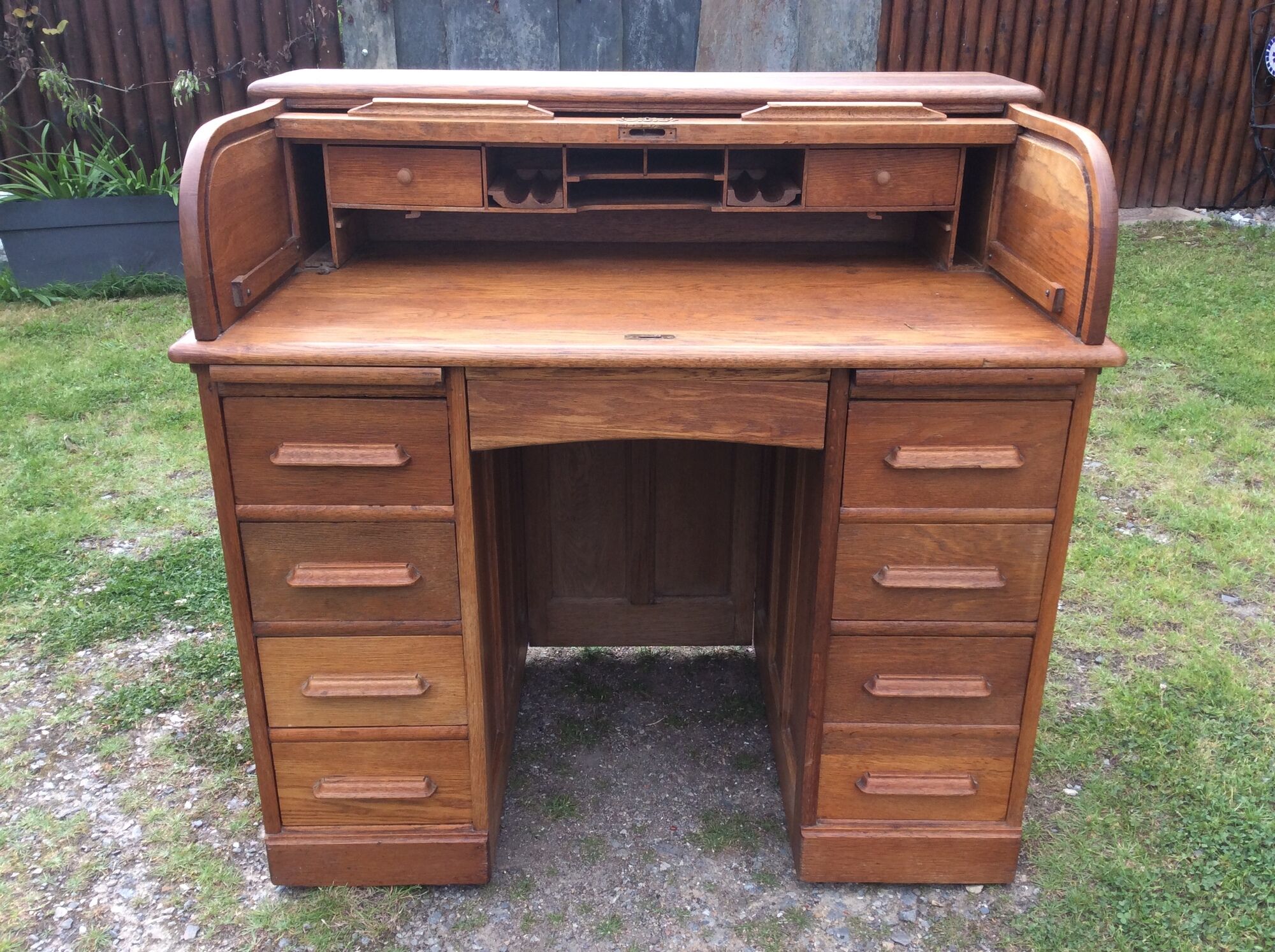 Old Angus London brand double-box sliding cylinder curtain desk.