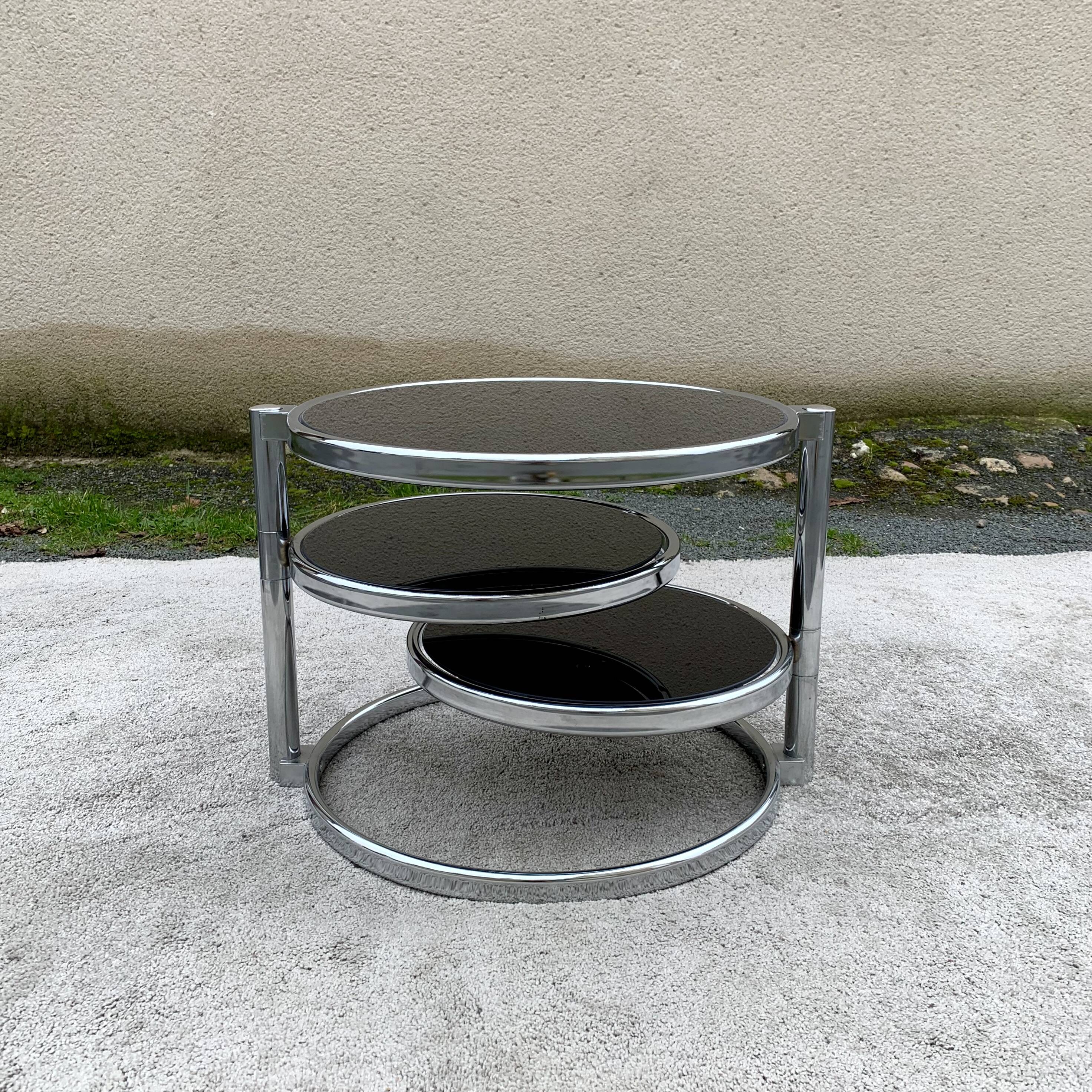 Articulated coffee table with 3 shelves, black glass and chrome, 1980