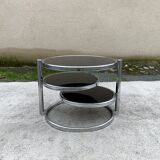 Articulated coffee table with 3 shelves, black glass and chrome, 1980