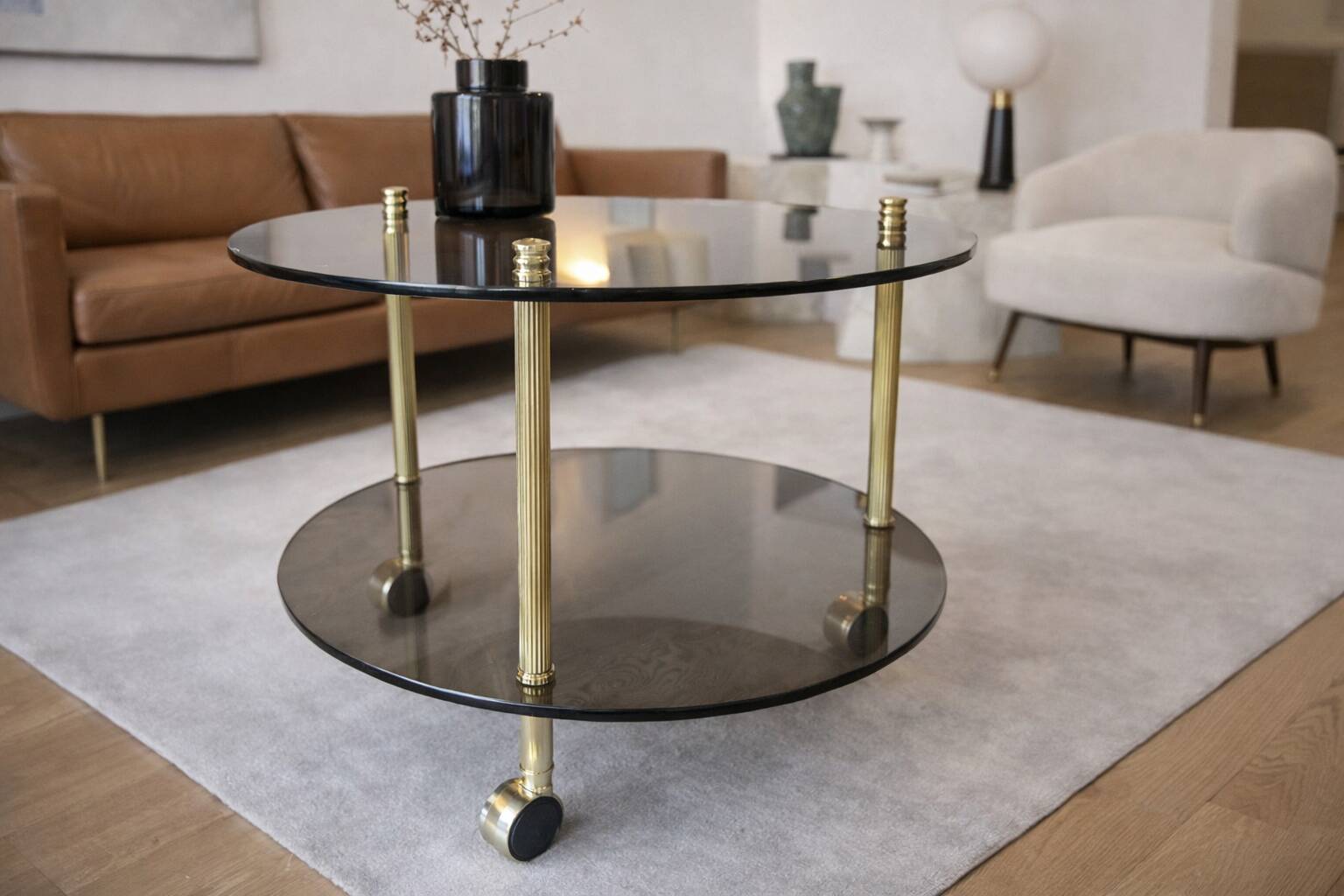 Table desserte laiton et verre-roulettes — style Art Déco