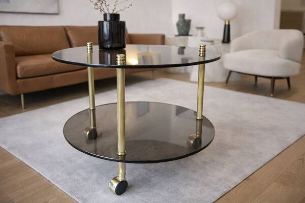 Table desserte laiton et verre-roulettes — style Art Déco