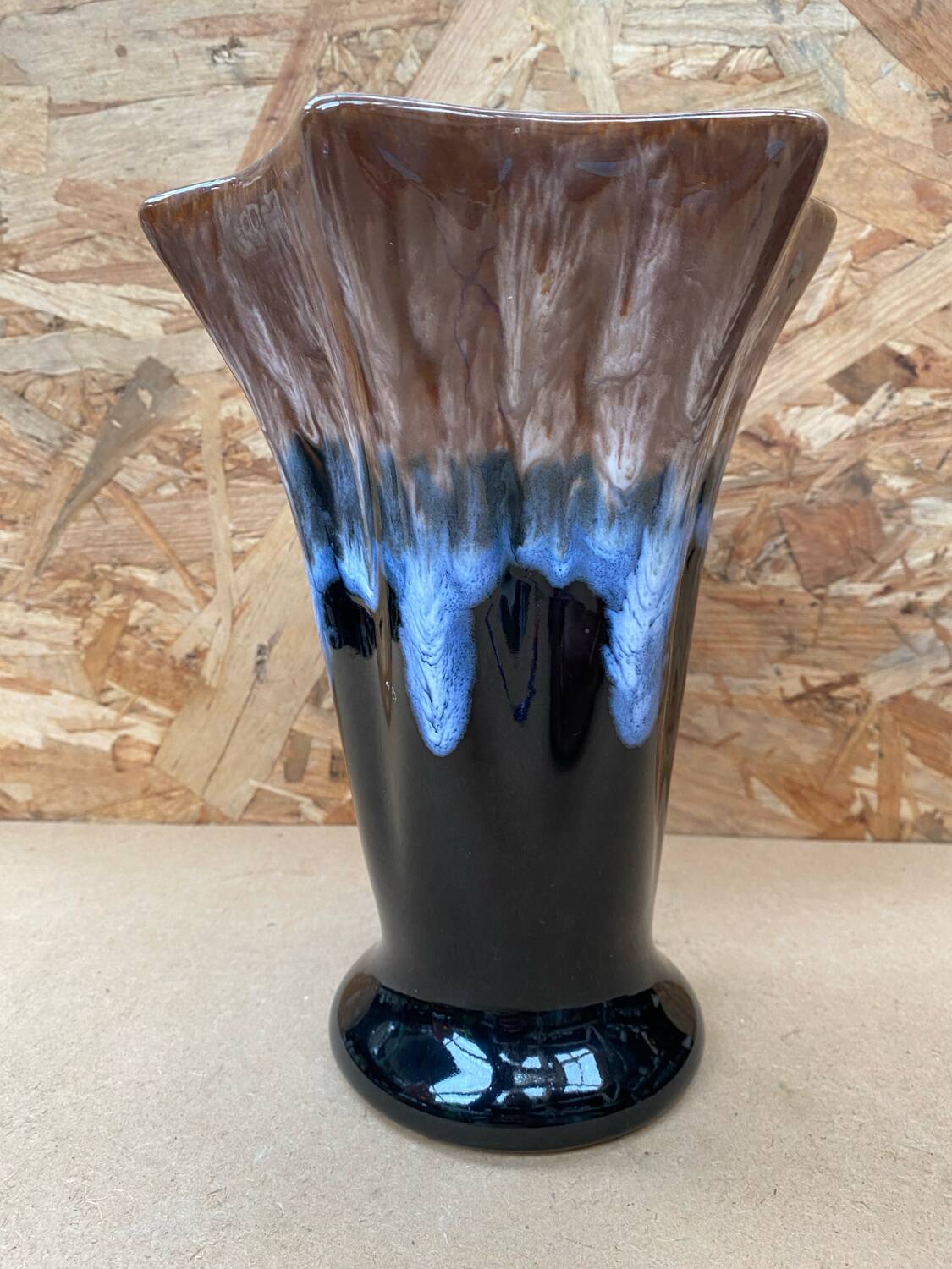 Antique Vallauris Style Ceramic Vase Black Blue Beige Vintage