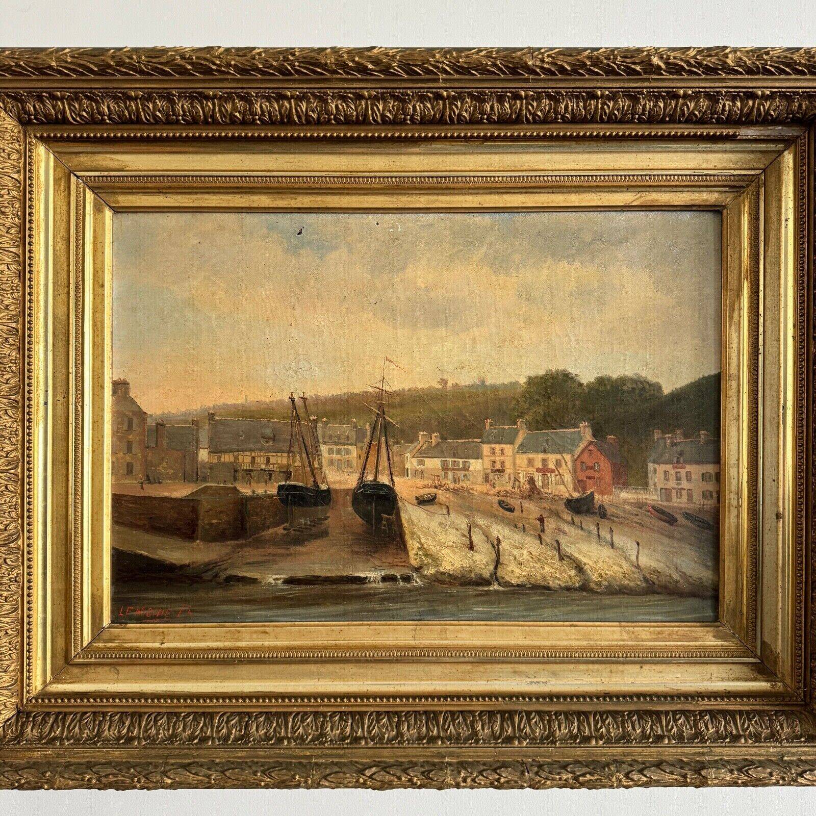 Oil on canvas by F. Lemoine the port of Nantes late 19th century stucco frame
