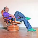 Rattan armchair, reclining and swivel, 70s