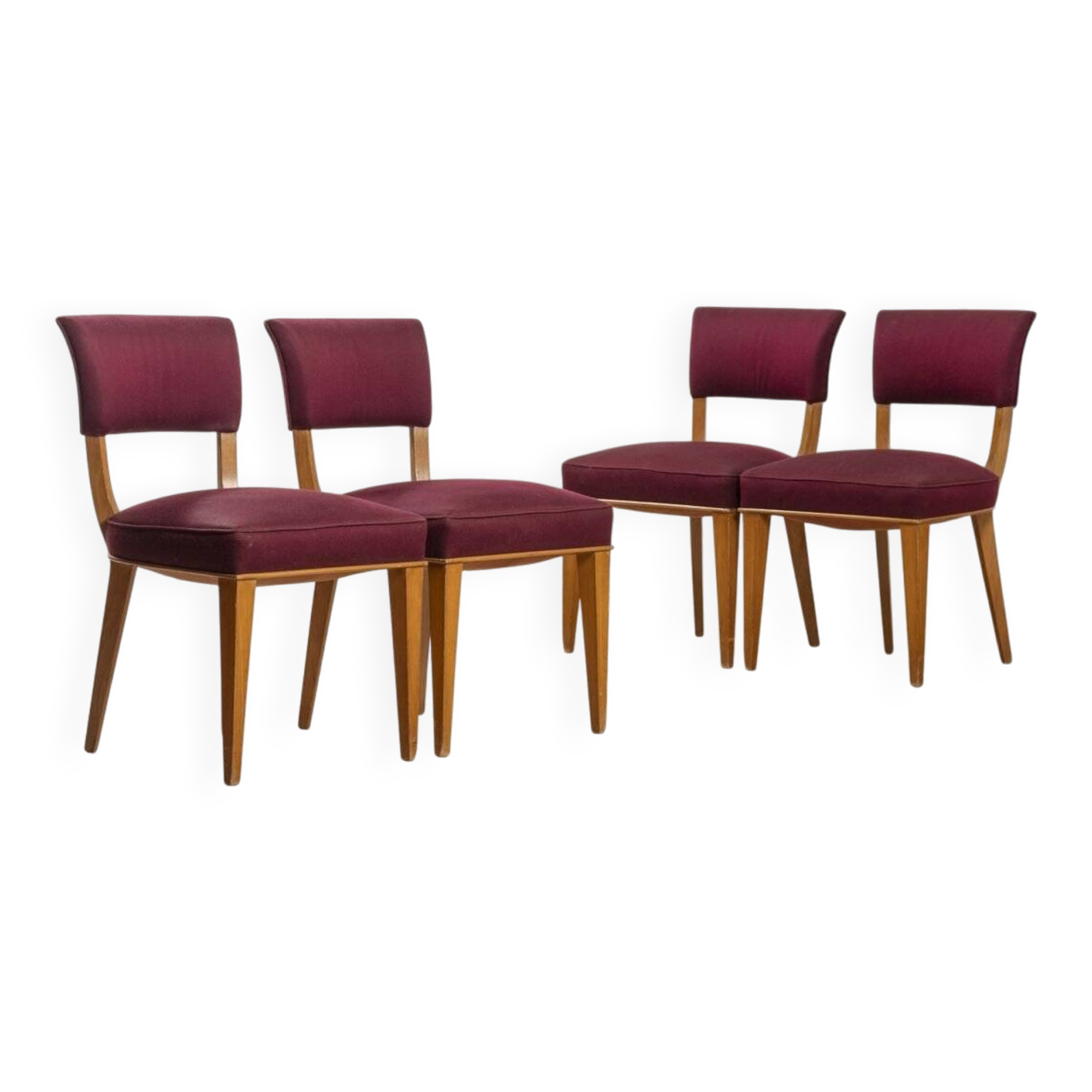 Art Deco chairs in purple silk by Jules Leleu, set of 4