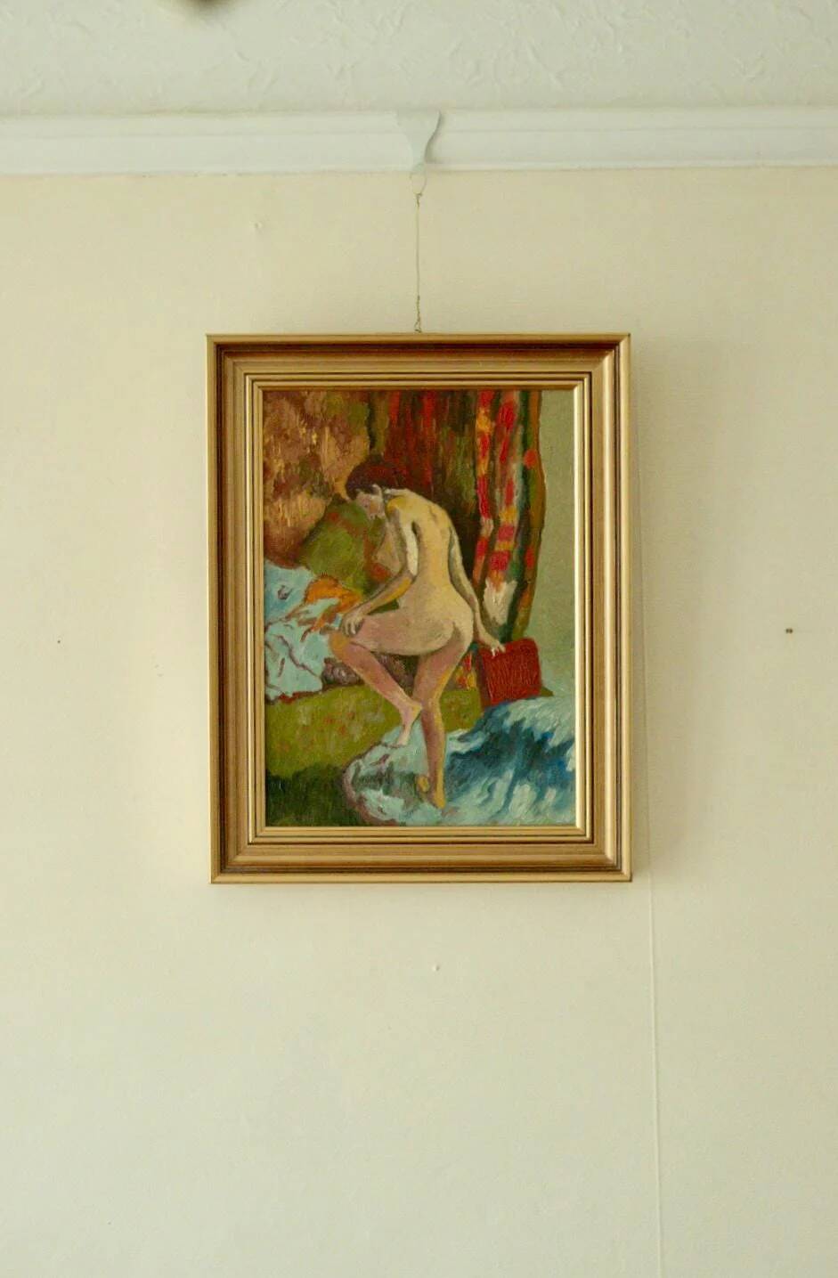 Original Swedish oil on panel painting – nude in colourful interior