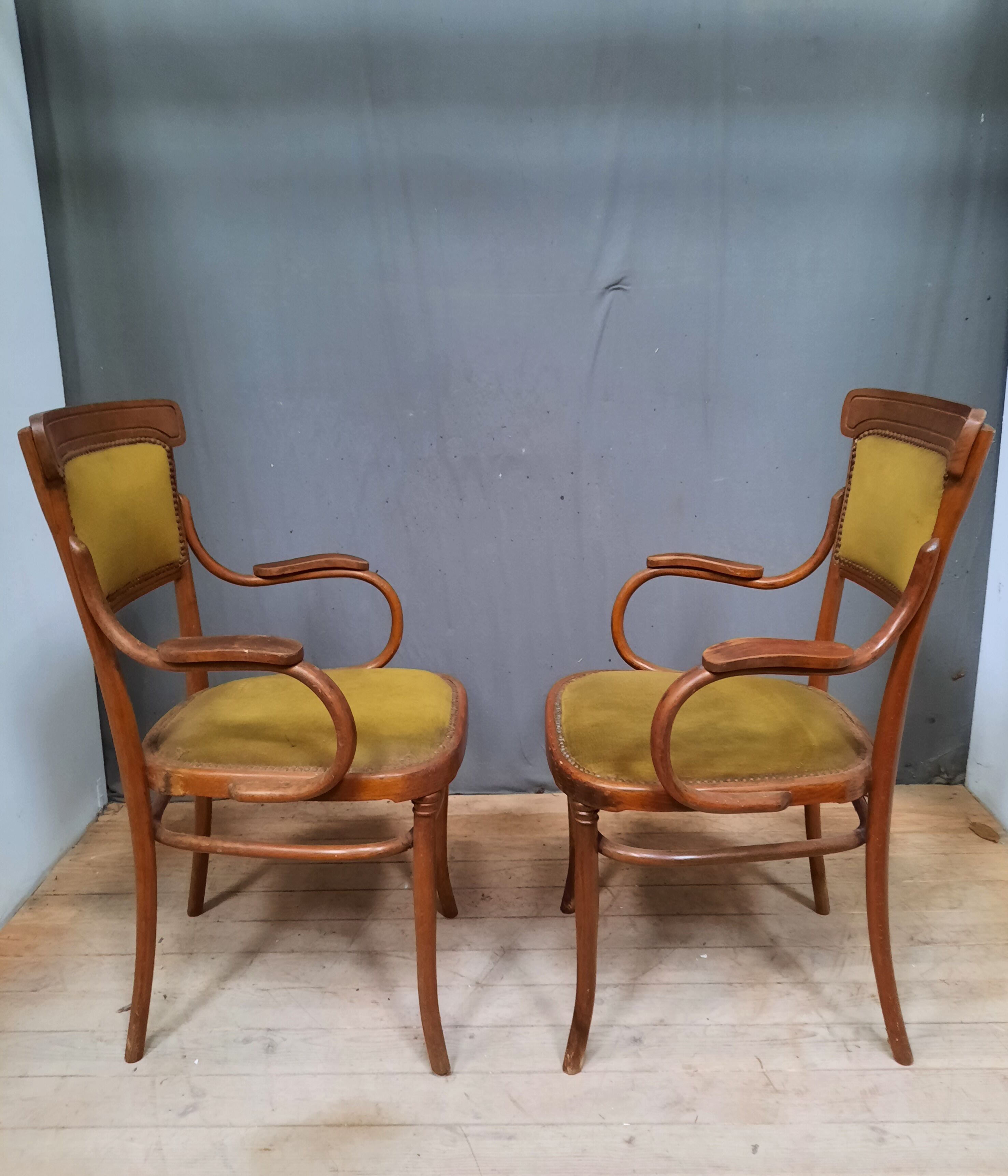 Pair of armchair and chair in curved wood