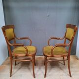 Pair of armchair and chair in curved wood
