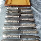 Box of 12 steel table knives and silver handle