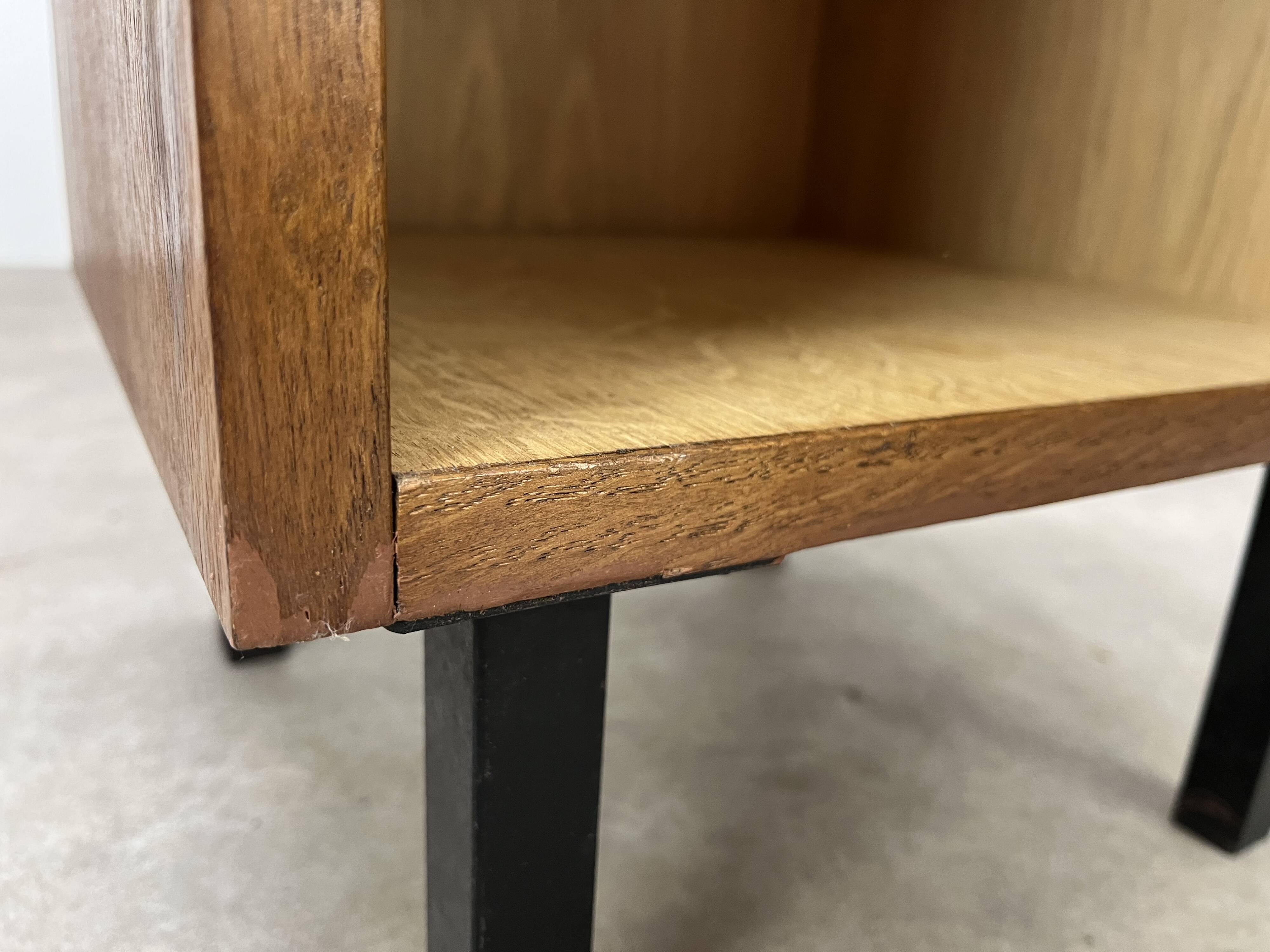 1950s modernist bedside table, wood and metal, vintage