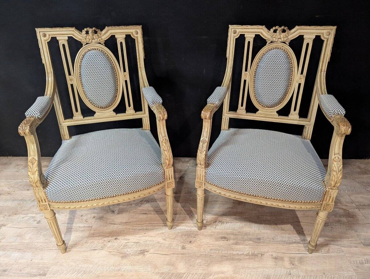 Pair of Louis XVI Armchairs in Lacquered Wood