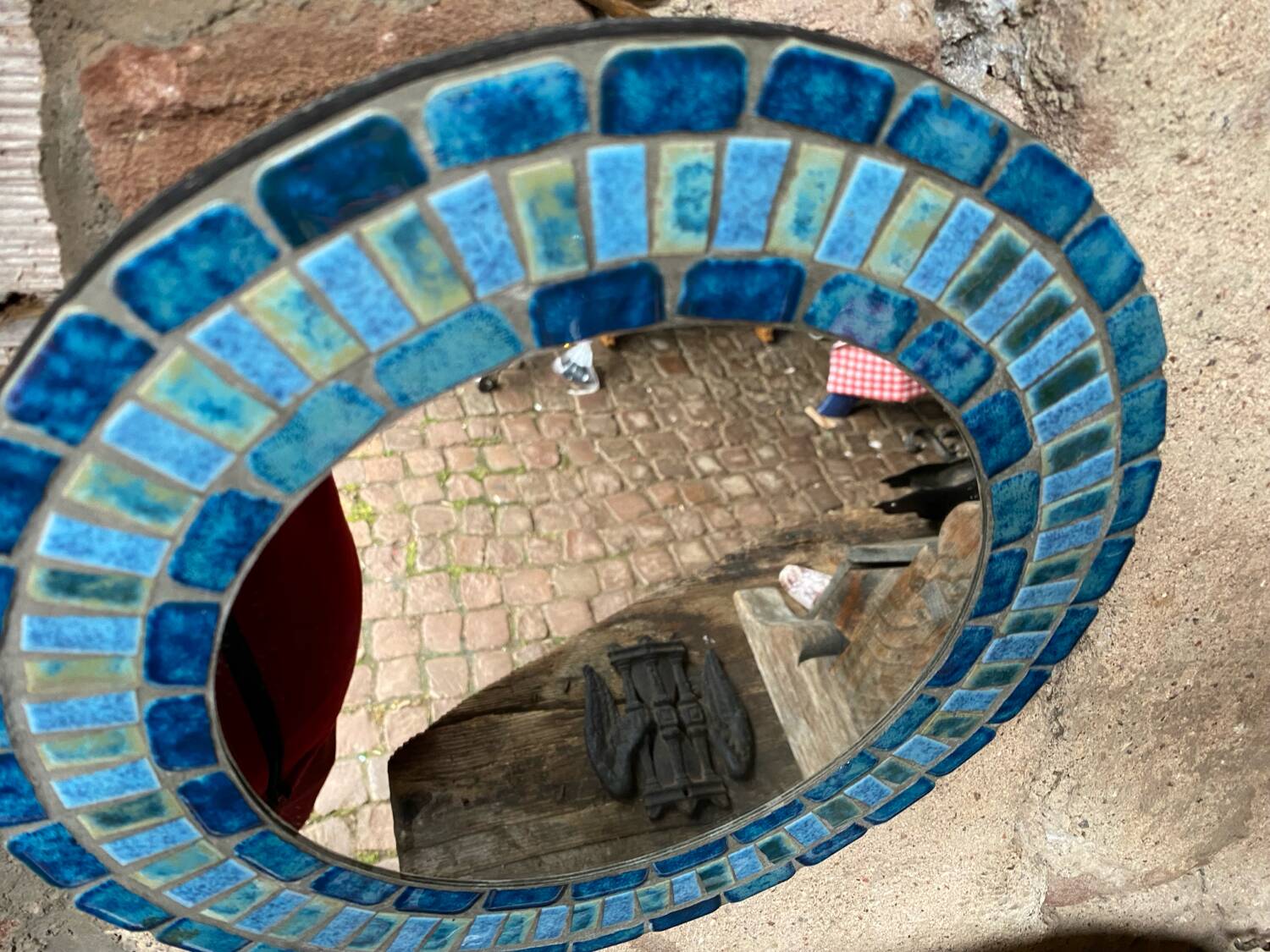 Round ceramic mirror with blue mosaic decor circa 1960