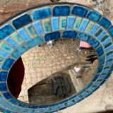 Round ceramic mirror with blue mosaic decor circa 1960