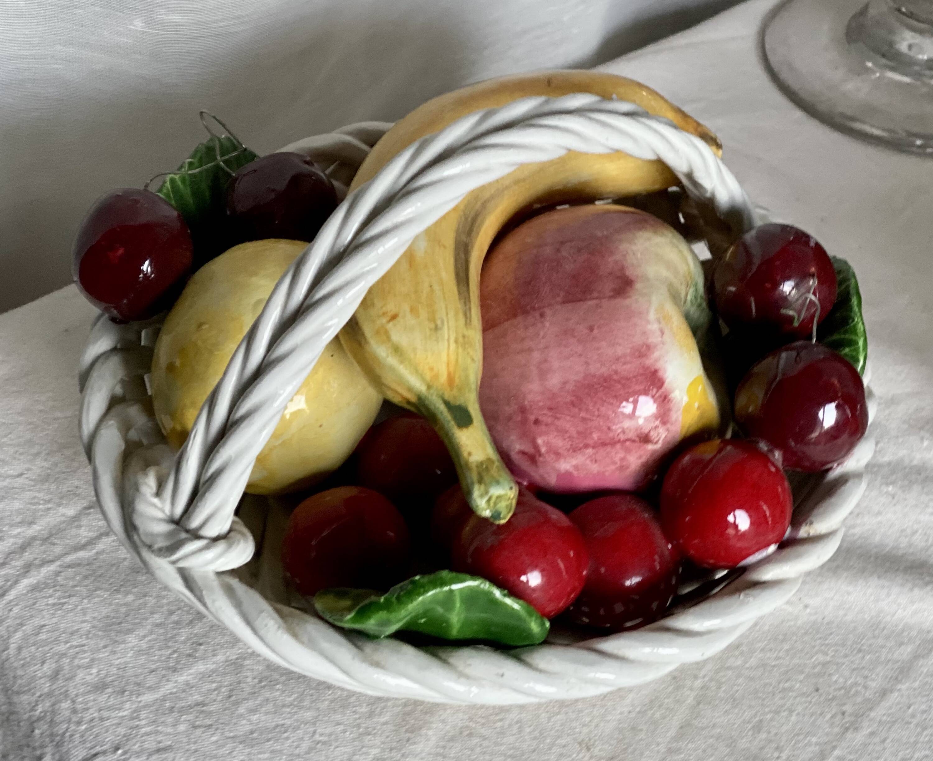 Vintage 1960s Trompe-l'Œil Fruit Basket in Woven Ceramic with Slipware