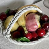 Vintage 1960s Trompe-l'Œil Fruit Basket in Woven Ceramic with Slipware