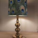 Lampe en laiton avec abat-jour motif plumes de paon