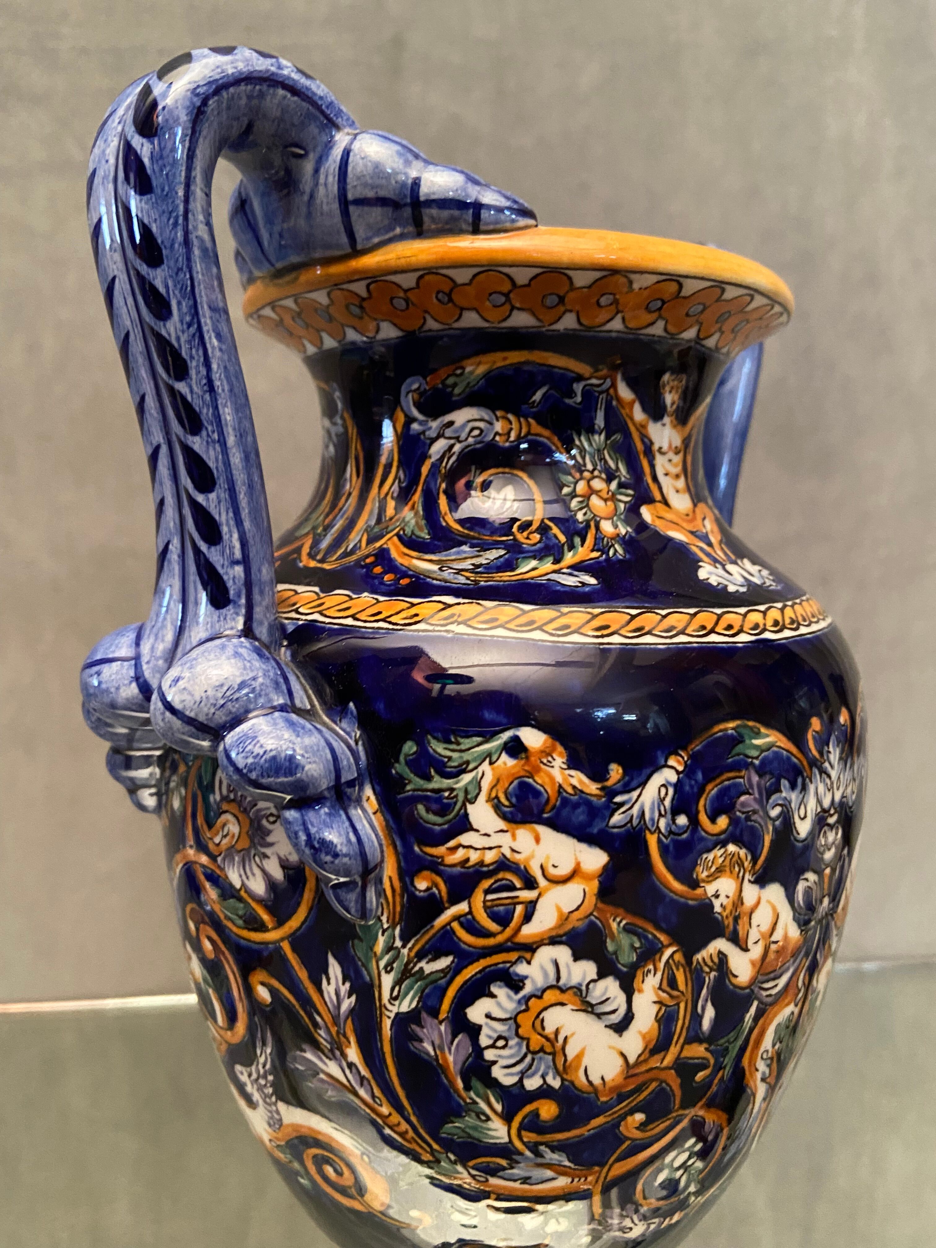 Vase on pedestal with handles in earthenware Gien Italian Renaissance decoration