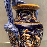 Vase on pedestal with handles in earthenware Gien Italian Renaissance decoration