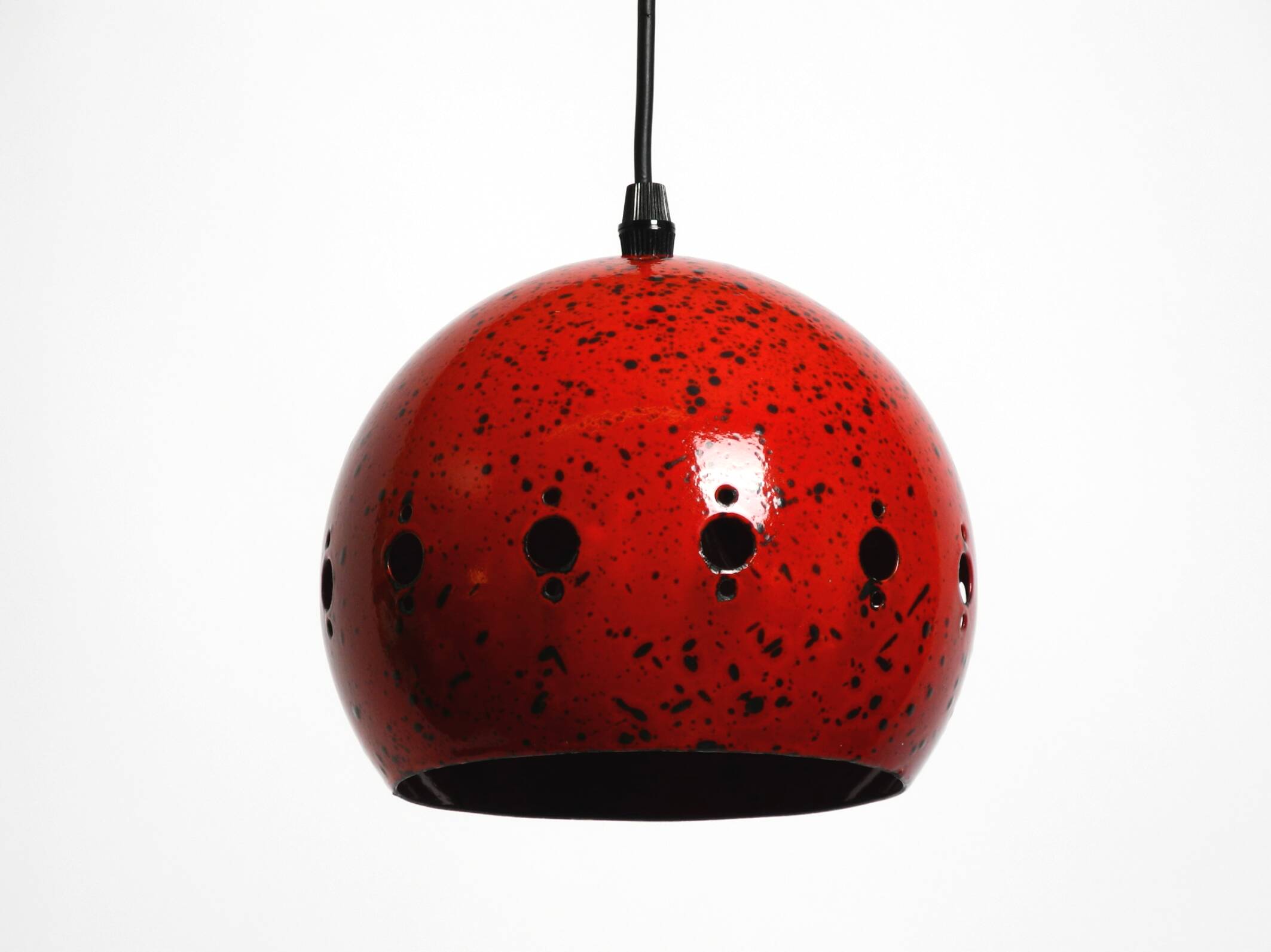 Mid Century red and black small enameled pendant lamp with original canopy