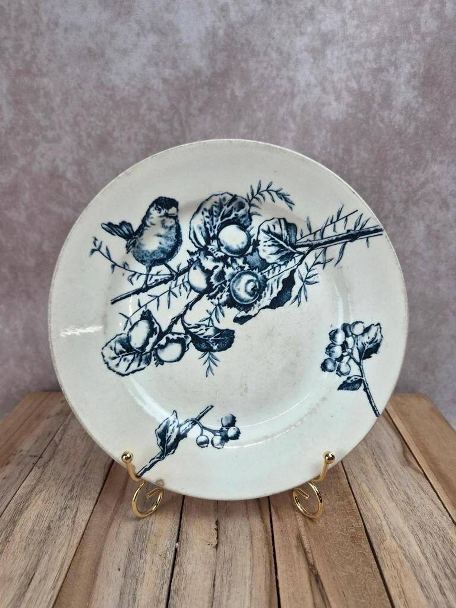 Plate Terre de Fer HB & Cie Choisy-le-Roi – Bird & fruits – 19th century