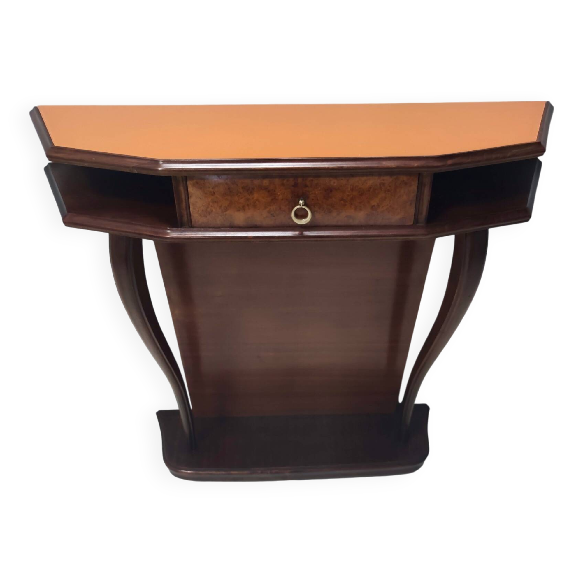 Beech and Walnut Root Console Table with an Orange Glass Top, Italy