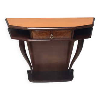 Table console en hêtre et racine de noyer avec plateau en verre orange, Italie