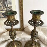 Pair of openwork brass candlesticks and glass bobeches