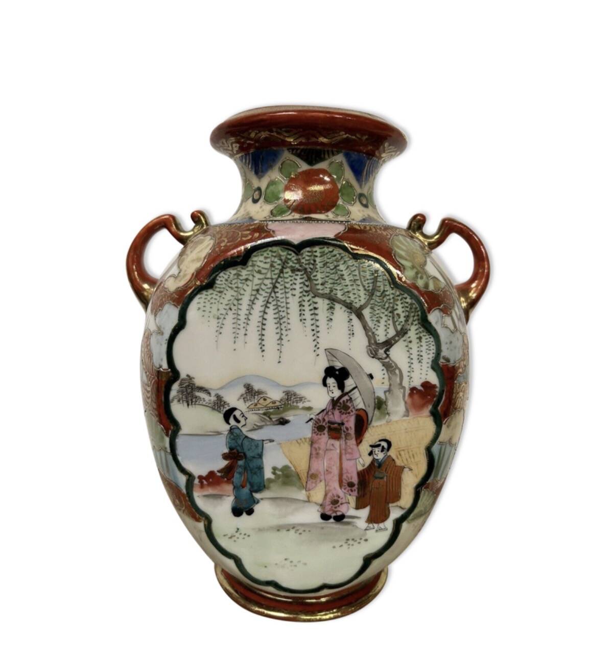Vase japonais ancien amphore décor geisha émaillé rouge or signé